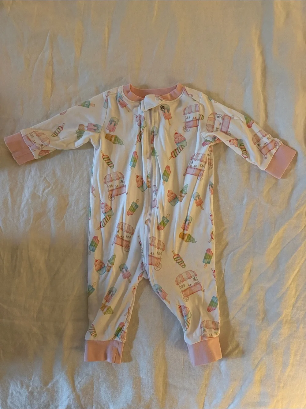 White and Pink Ice Cream Print Baby Footie Romper